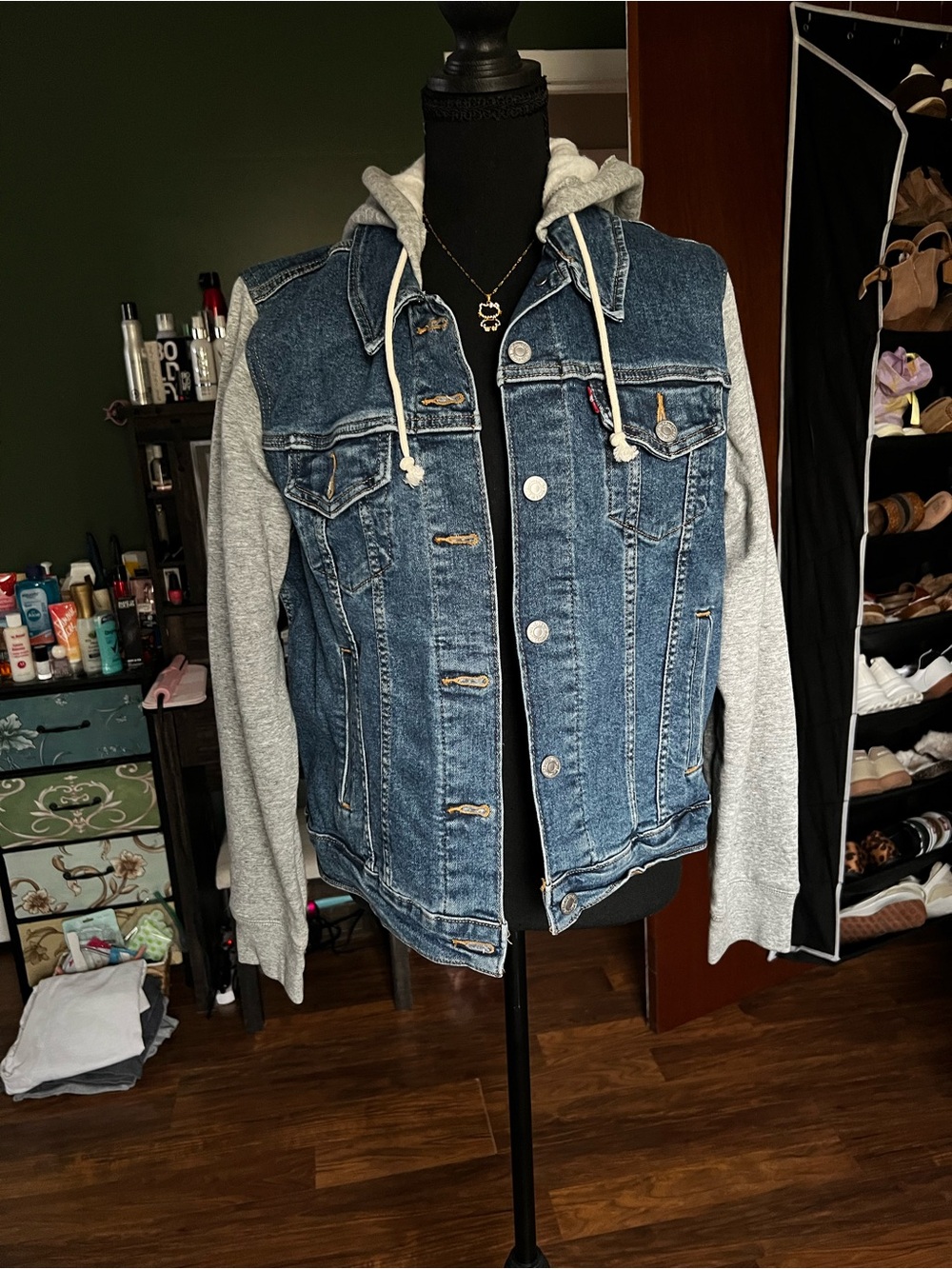 Women’s Levi’s Denim Hooded Jacket with Gray Knit Sleeves